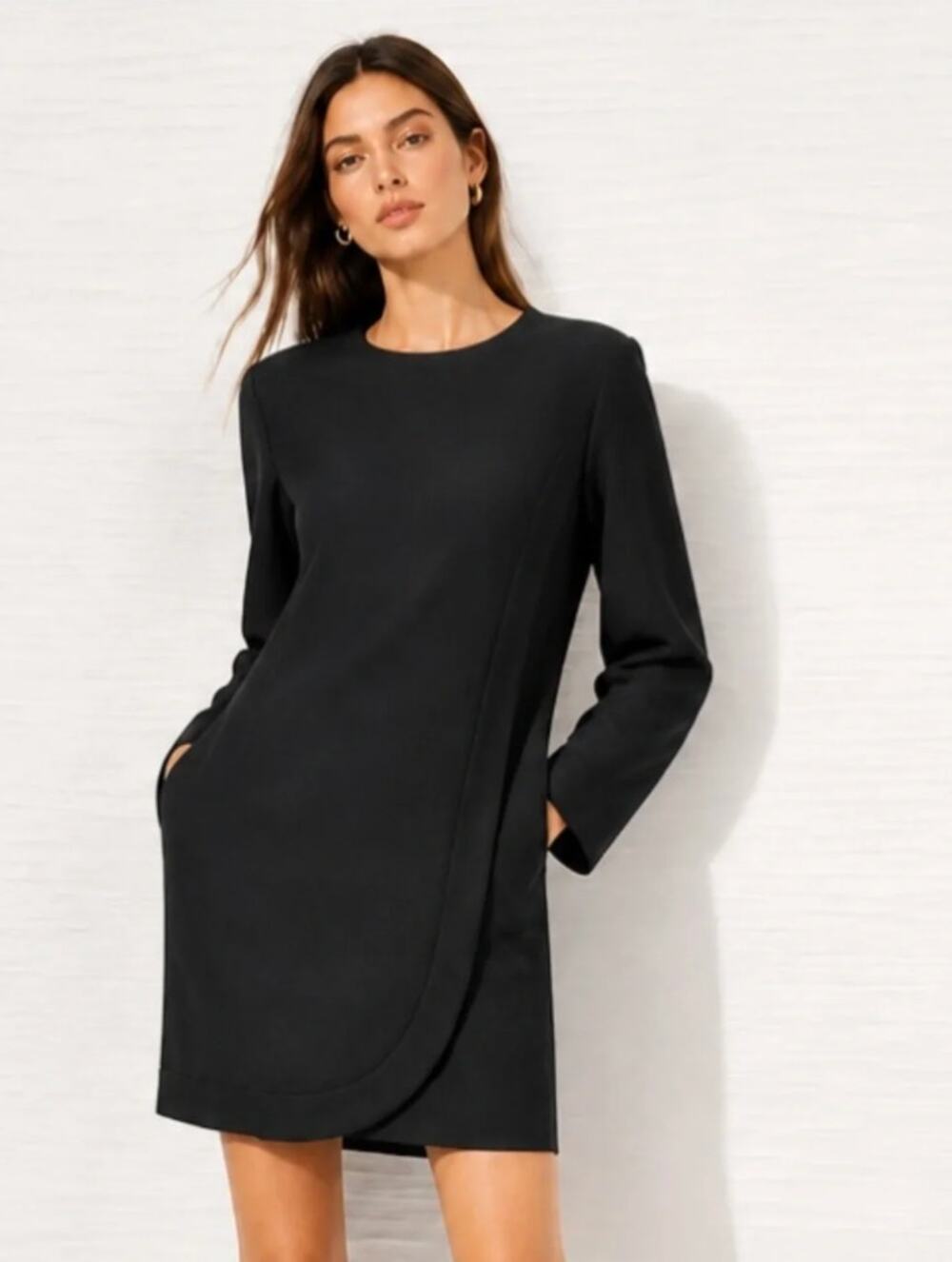 J. CREW Overlap Long Sleeve Shift Dress Lined Black E5532